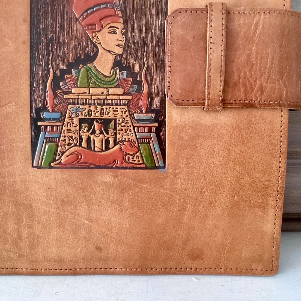 Vtg Egyptian Tooled Painted Leather Notebook Agenda Journal Cover Handcrafted